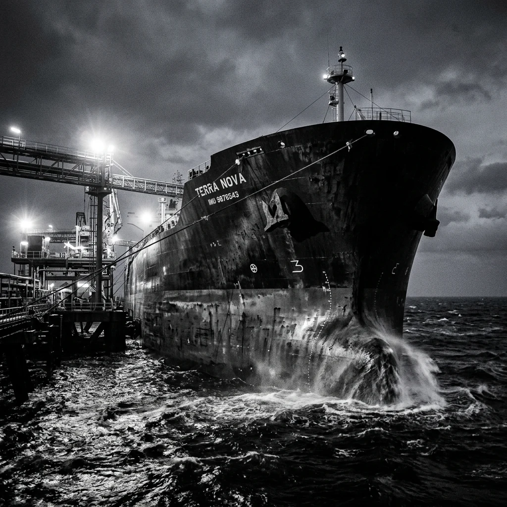 Large ship docked at an industrial terminal