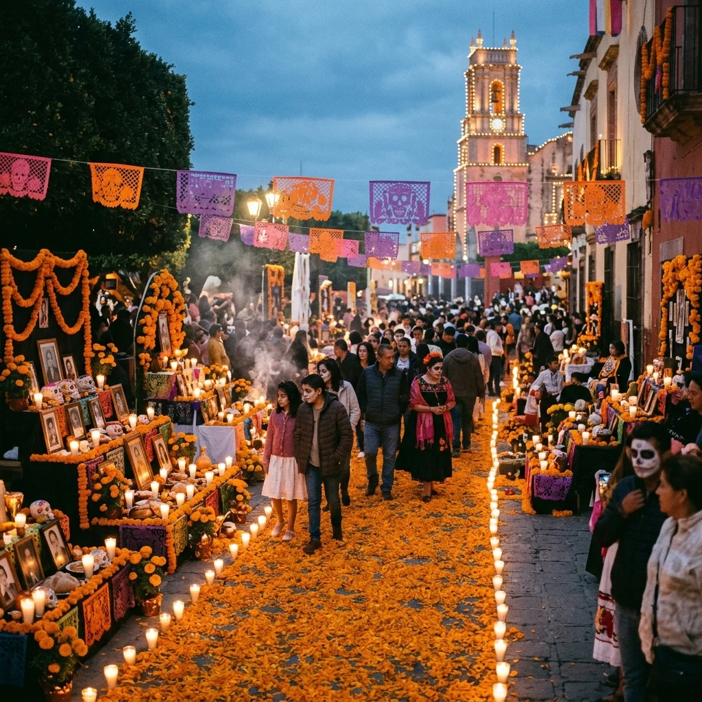Glowing marigold path at a festive celebration