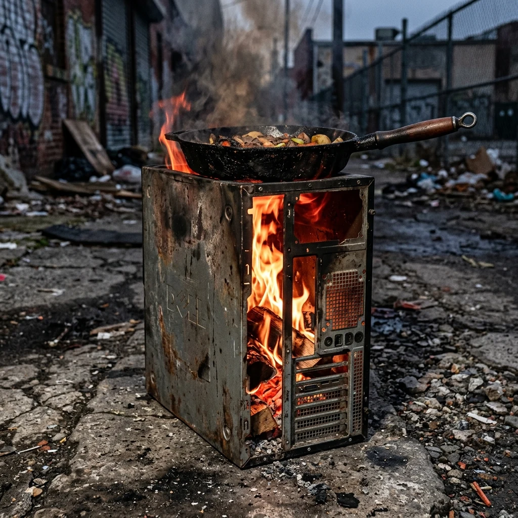 A makeshift cooking stove crafted from a heavy steel computer tower casing