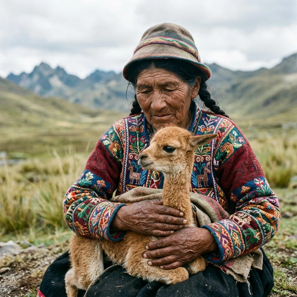 An elderly Peruvian woman in a hand-embroidered jacket cradling a newborn vicuña