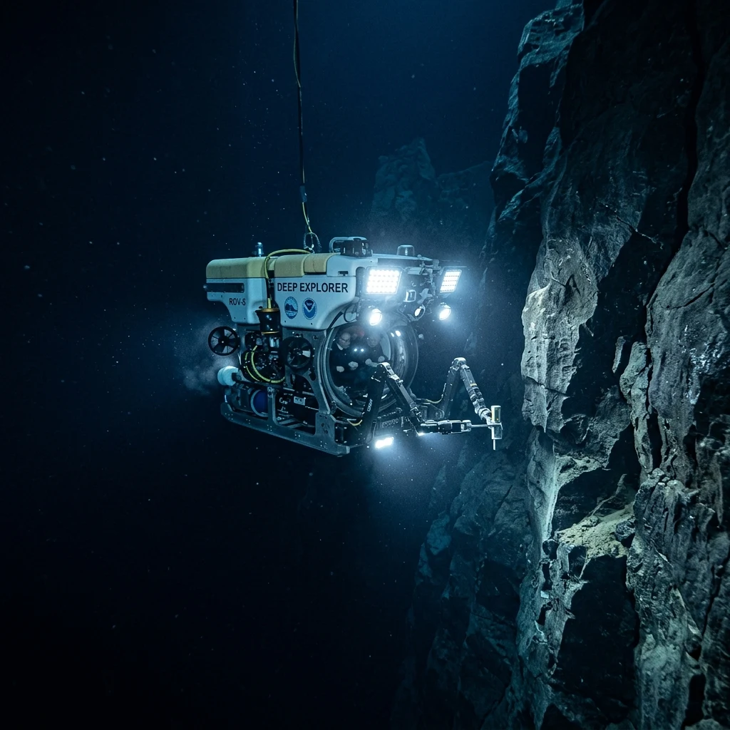 Research submersible exploring deep ocean cliffs
