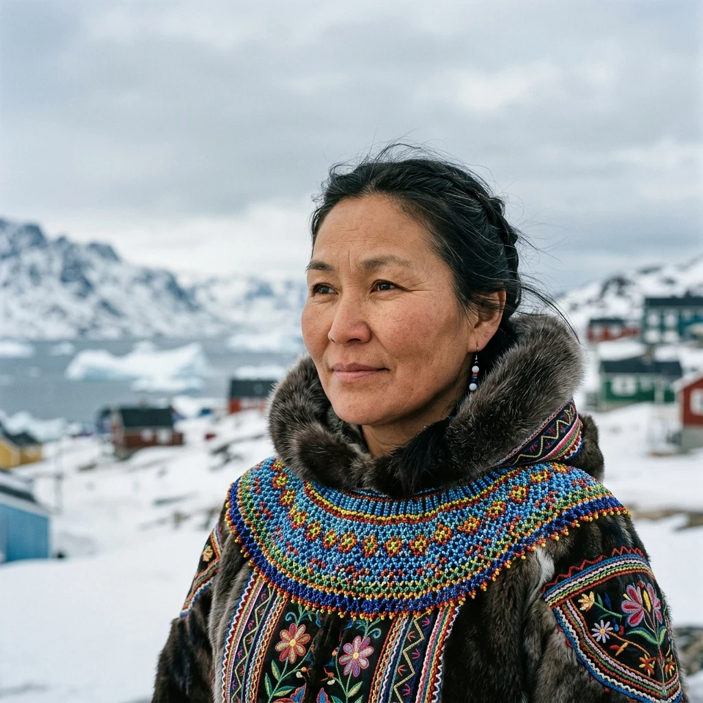 A Greenlandic Inuit woman wearing a traditional national costume featuring a collar of…