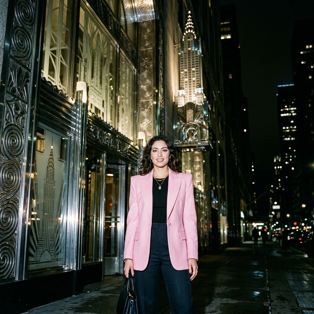 A woman in a pastel 1980s blazer with strong shoulders against an art deco facade at night