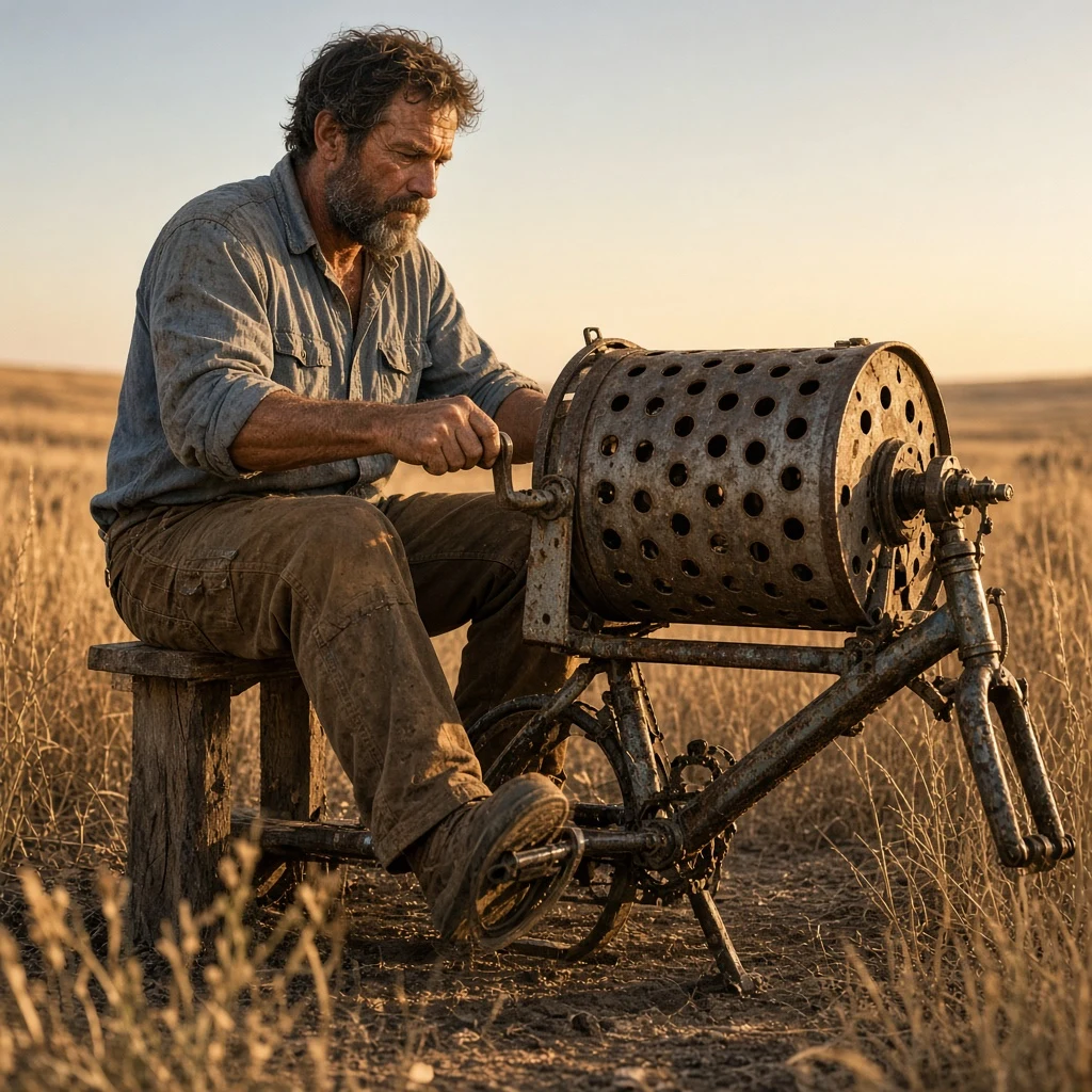 Man using a bicycle powered washing machine