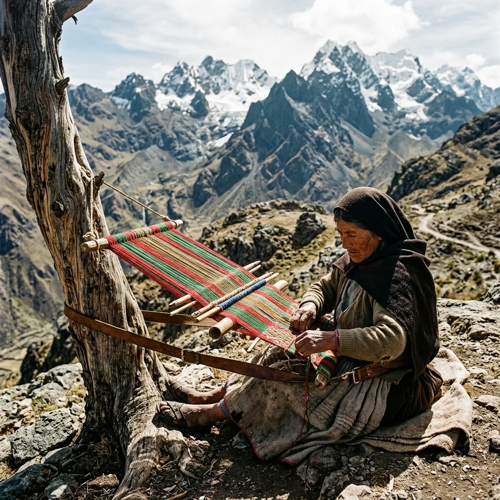 A Quechua weaver working on a traditional backstrap loom in a Mantaro Range mountain…