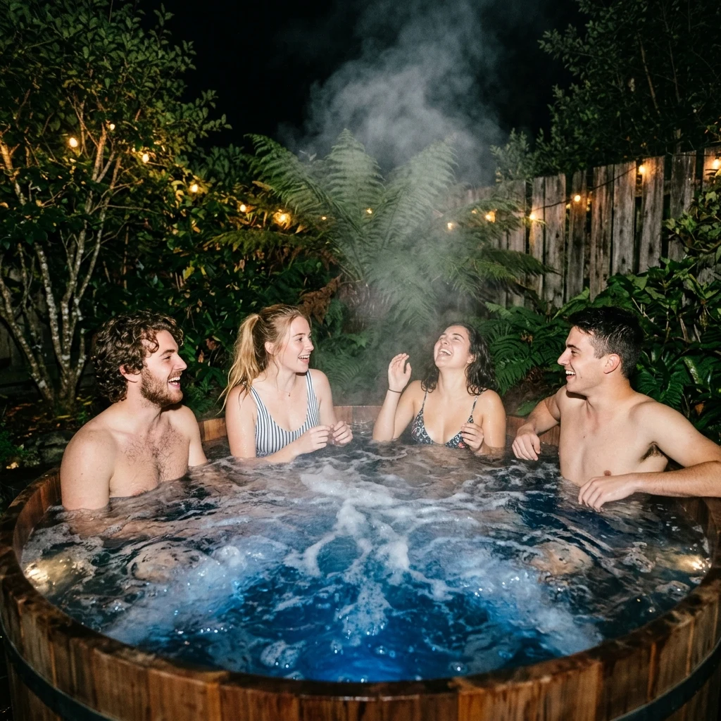 A group of attractive 18 and 19 year olds in a hot tub at night