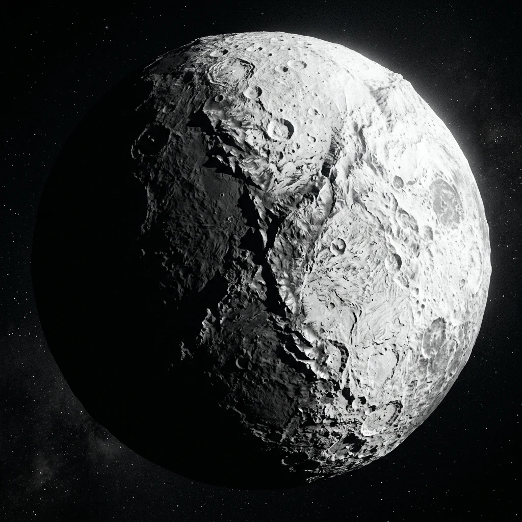 A dramatic view from space showing the stark light-and-dark dichotomy of Iapetus