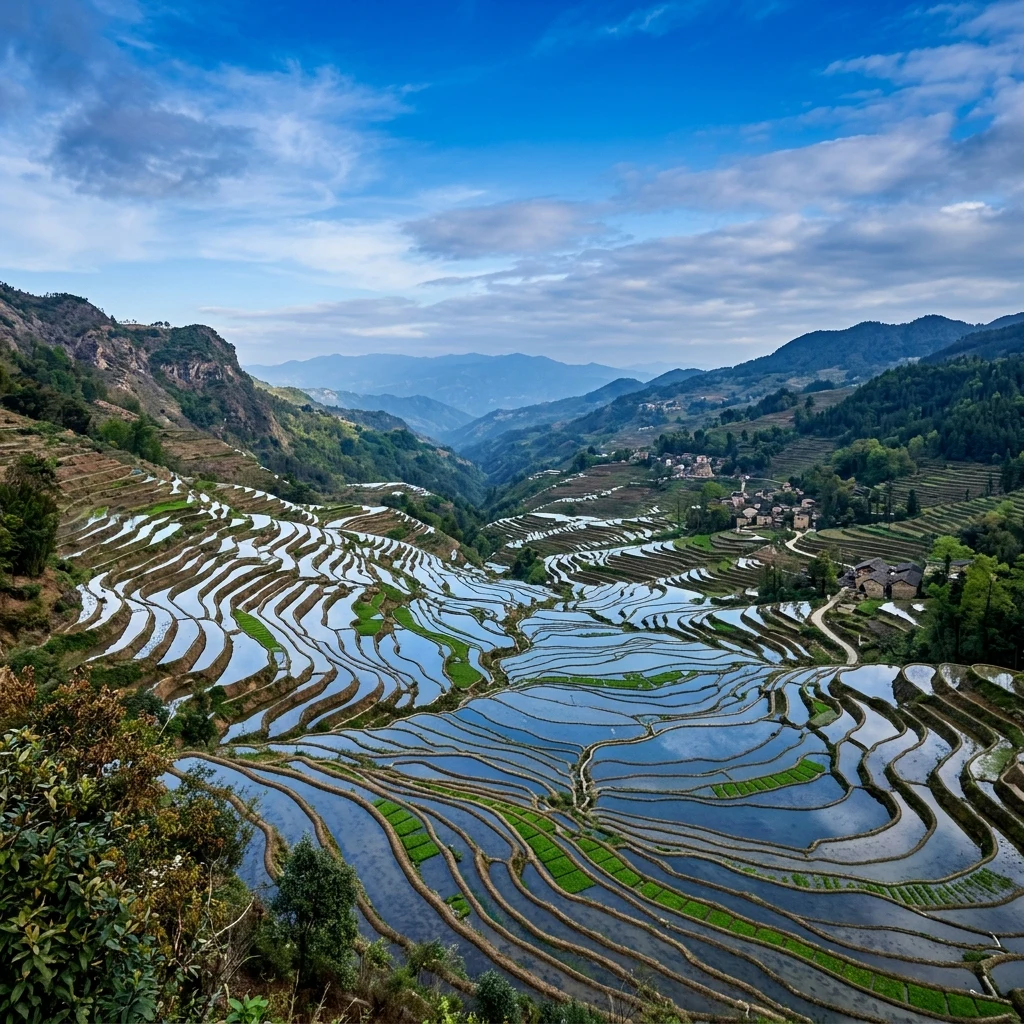 Reflective rice terraces on a mountain slope