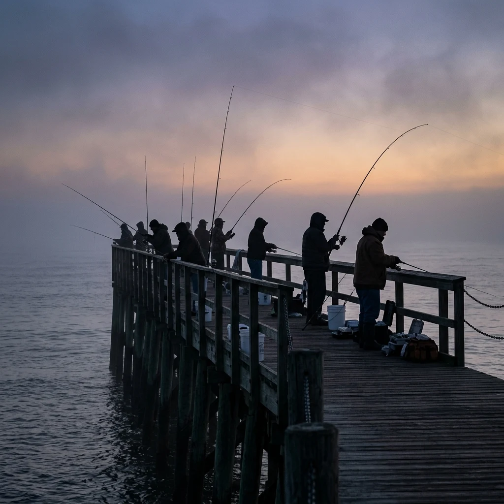Anglers on a pier at dawn