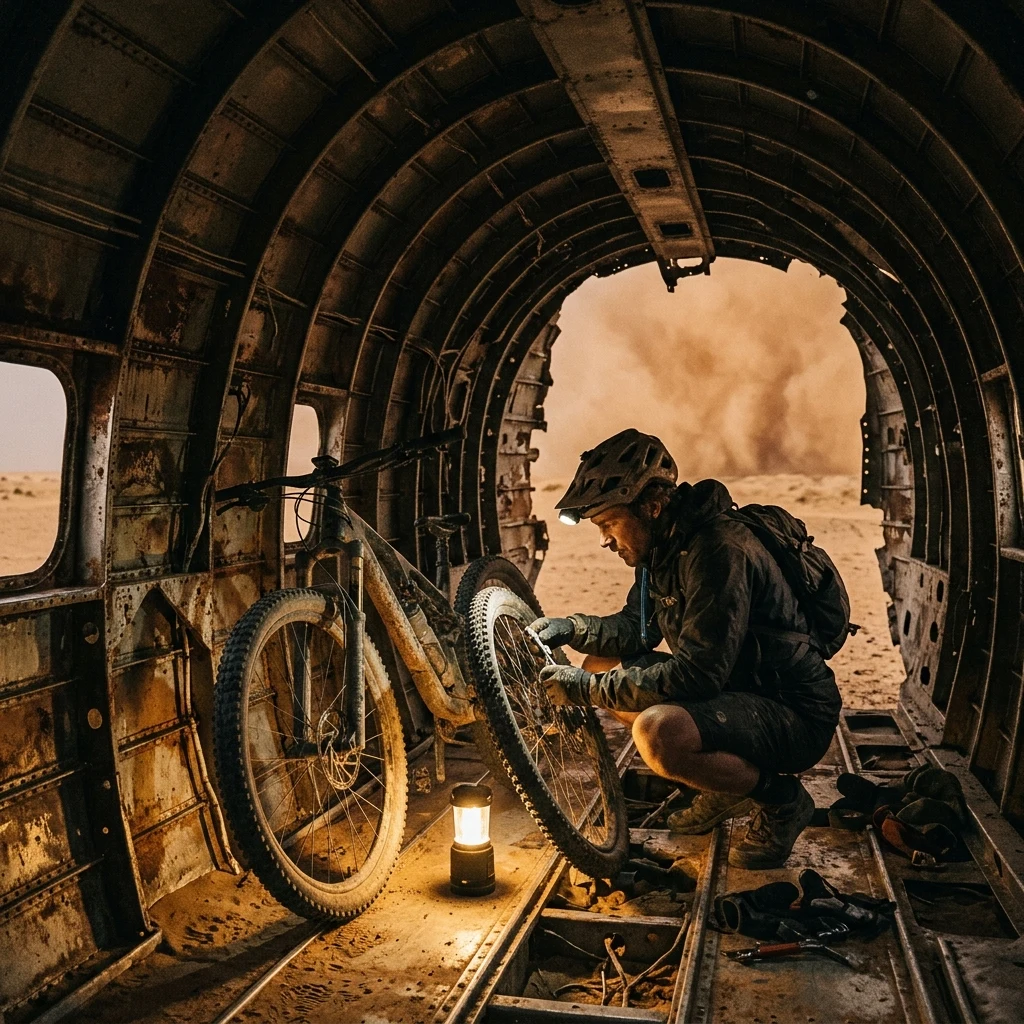 A mountain biker taking shelter from a rising dust storm inside the hollowed-out fuselage…
