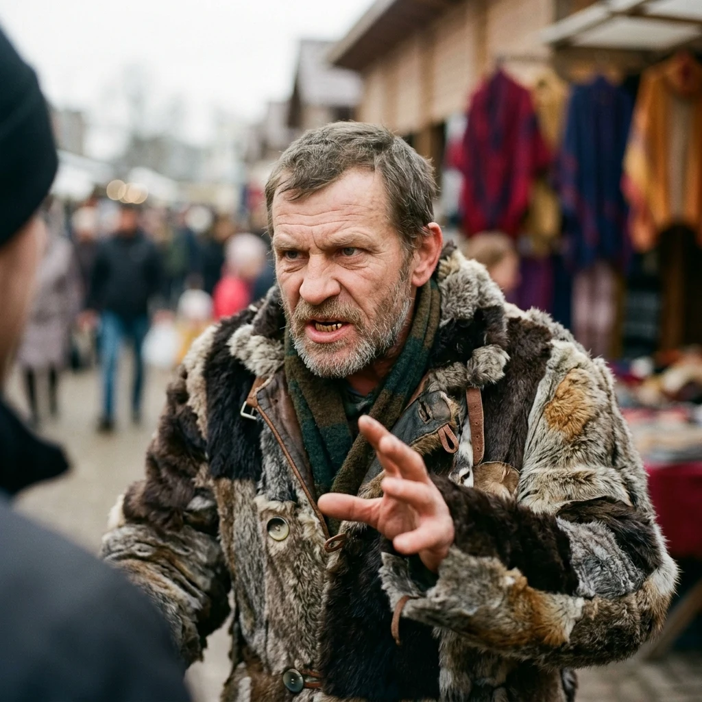 A trader in a patchwork fur coat with gold in his teeth