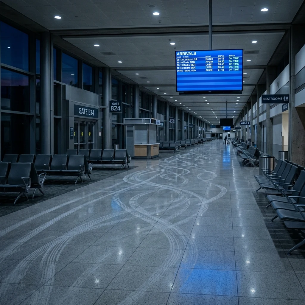 An airport terminal at 4 a.m. shot on a wide lens