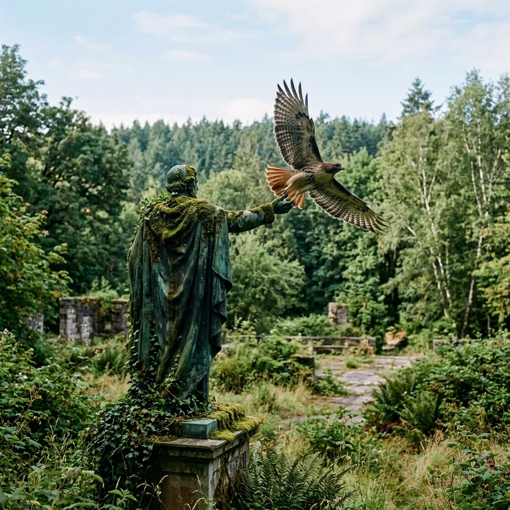 A hawk taking flight from the arm of a moss-draped bronze statue in an abandoned public…