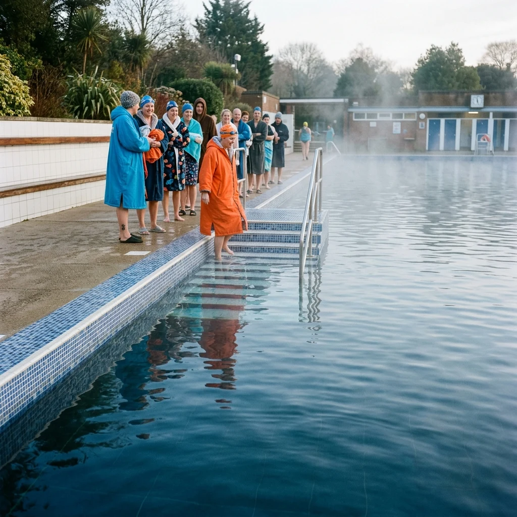 A lido reopening day photographed on 6x7 from the shallow end