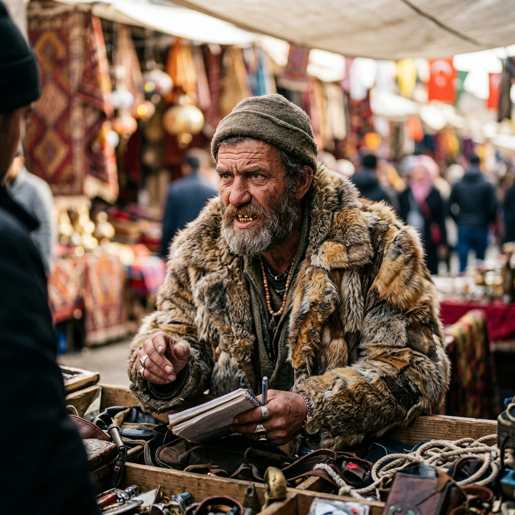A trader in a patchwork fur coat with gold in his teeth