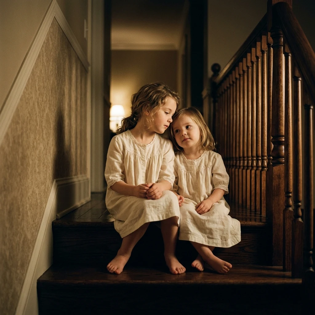 Sisters listening on a wooden staircase