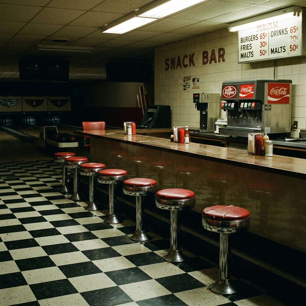 An empty vintage bowling alley snack bar