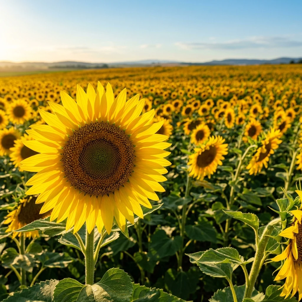 A sunflower field at the moment the heads turn