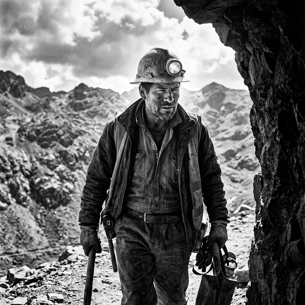 Miner emerging from a dark tunnel
