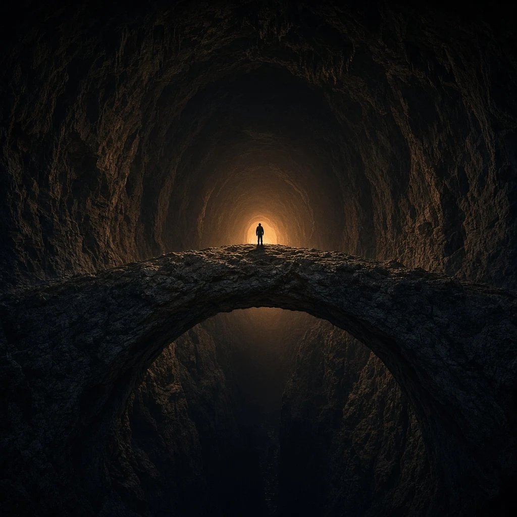 A natural underground rock bridge spanning a deep chasm inside a cavern