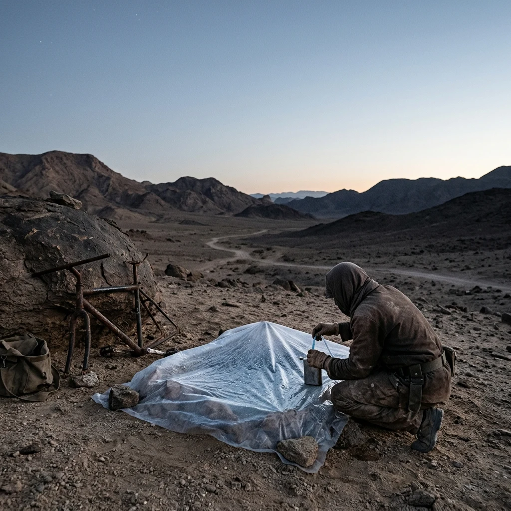 Morning dew in a vast desert landscape