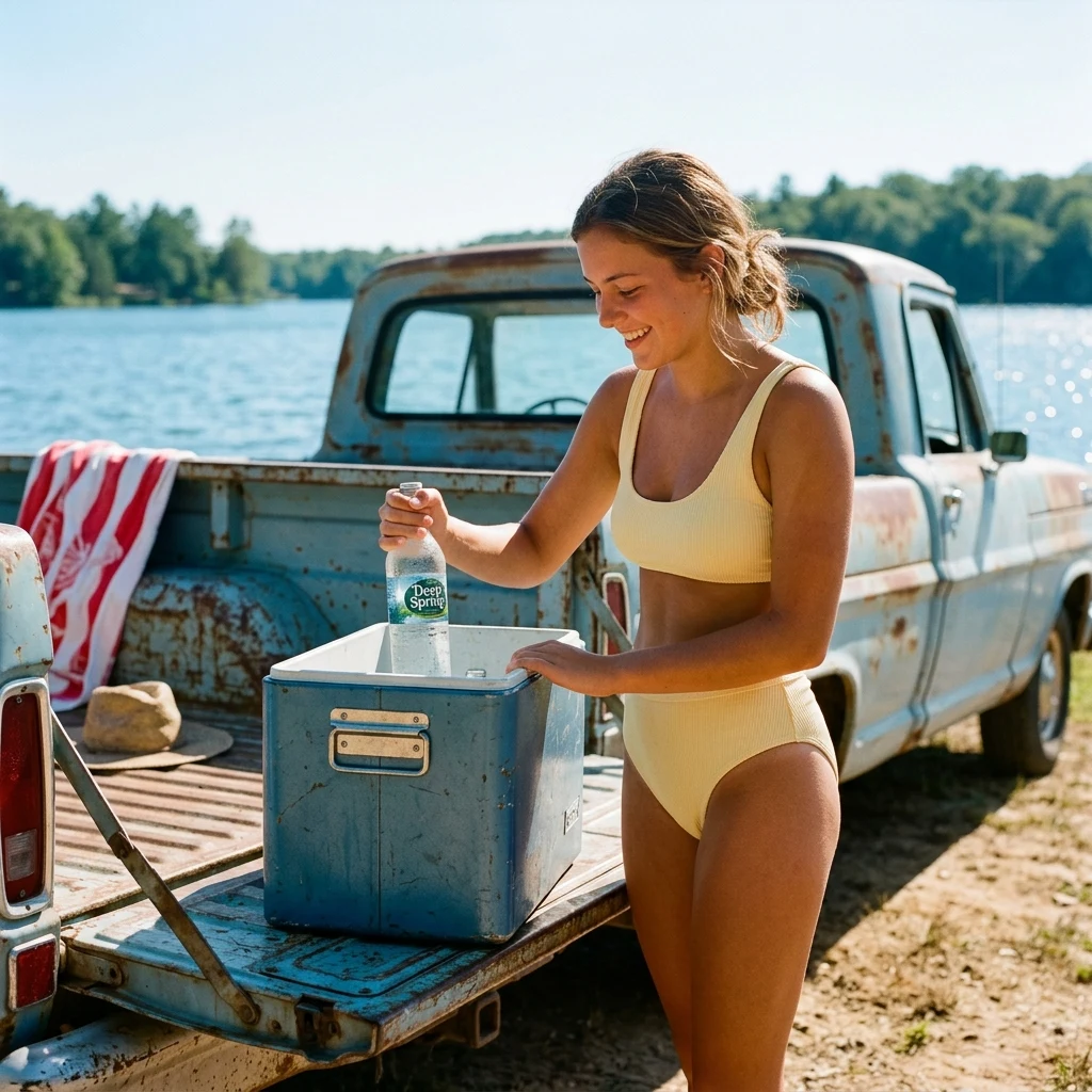 An 18-year-old girl in a cheeky pastel-yellow two-piece bikini reaching into an cooler on…
