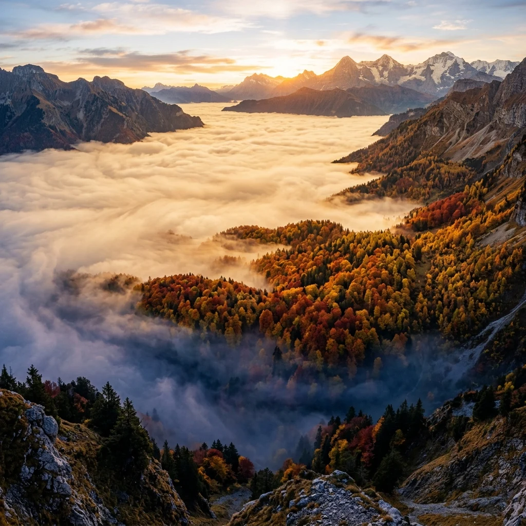 Valley fog at sunrise seen from above