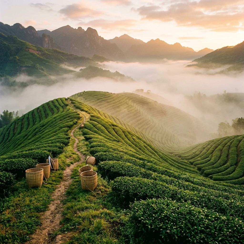 A hillside tea plantation at first light