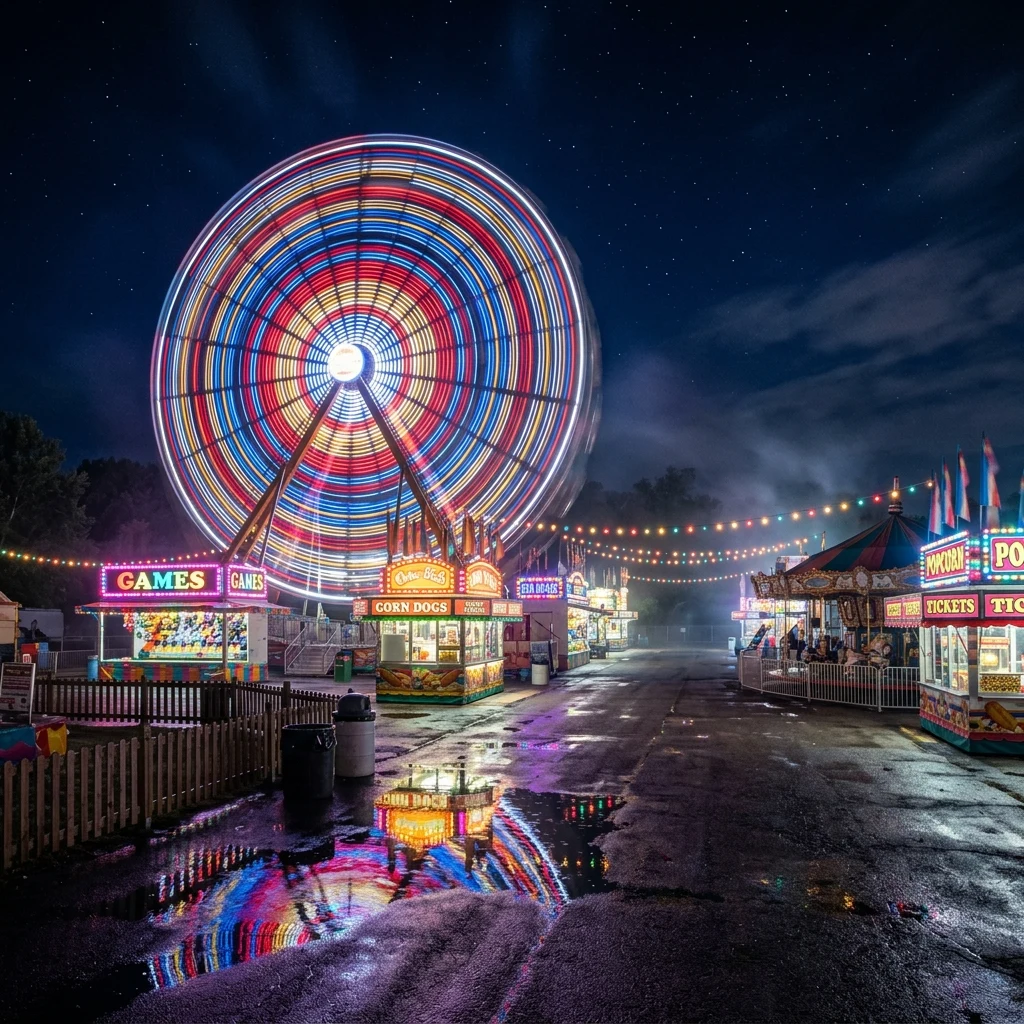 A retro traveling carnival midway at midnight