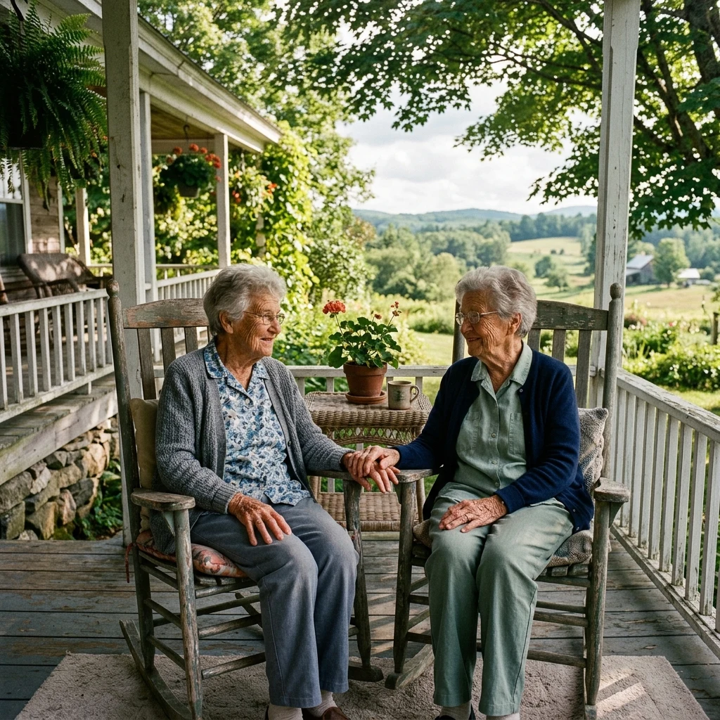 Identical female twins in their eighties holding hands while sitting in rocking chairs on…