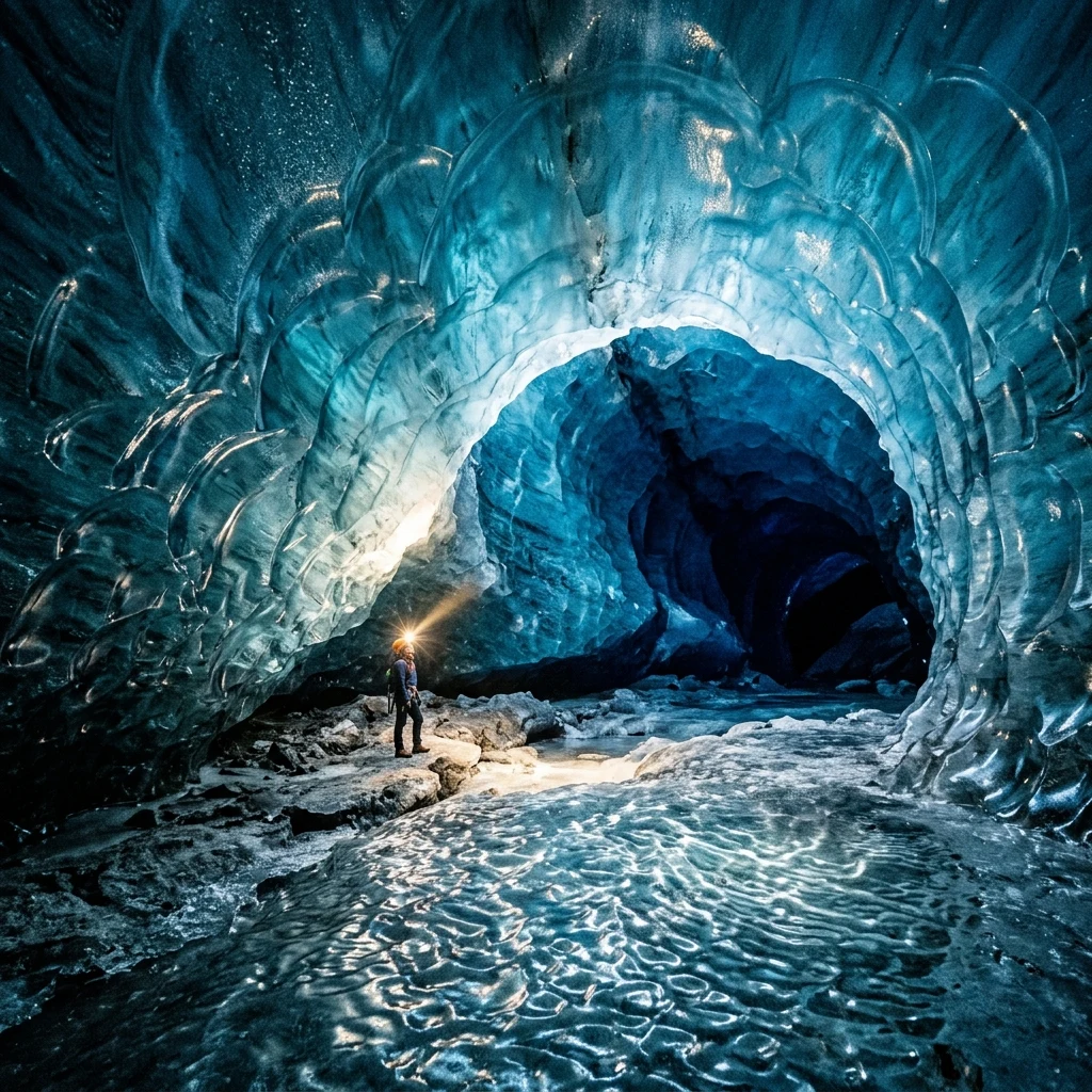 Glowing blue ice inside a glacier cave