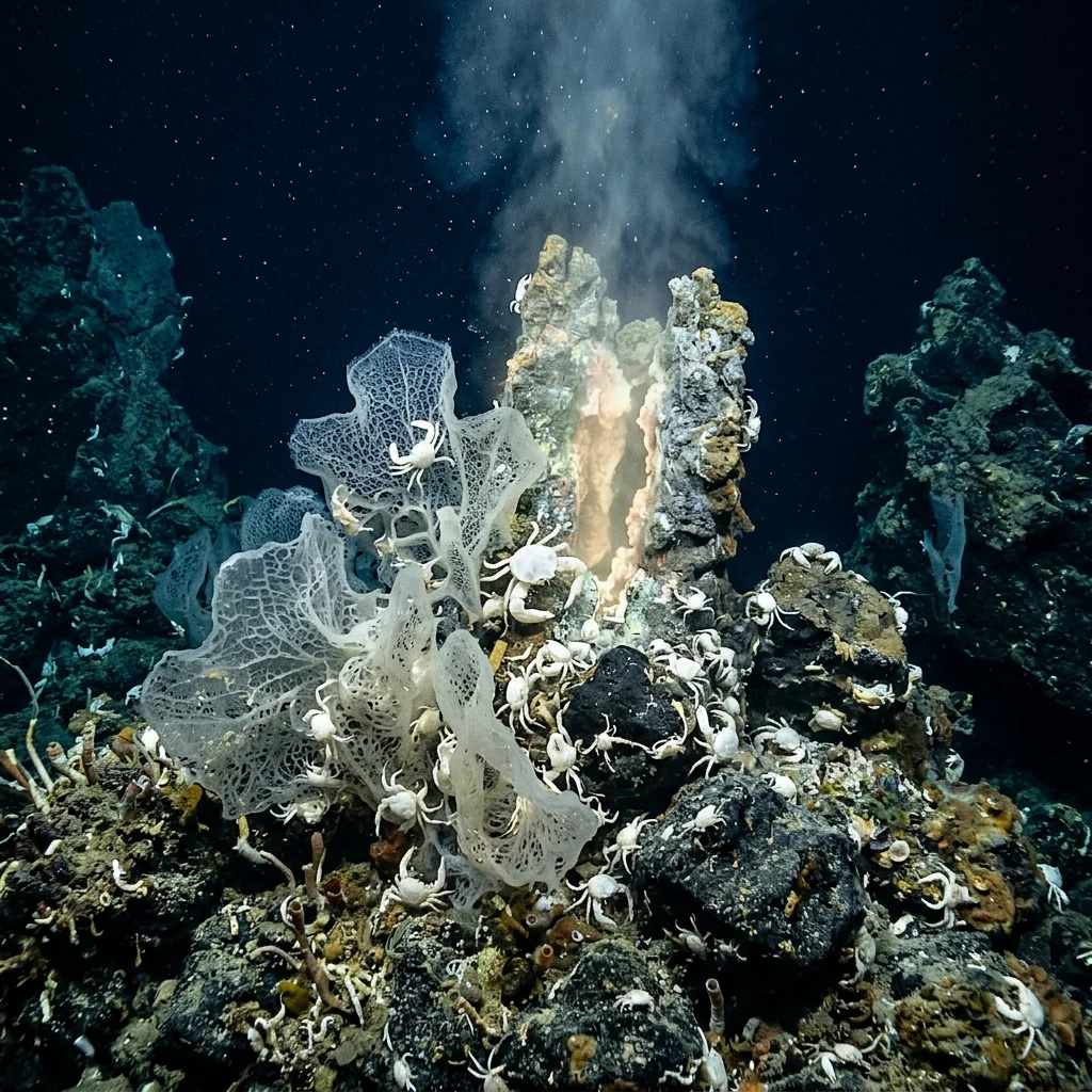 Deep sea creatures near a glowing vent