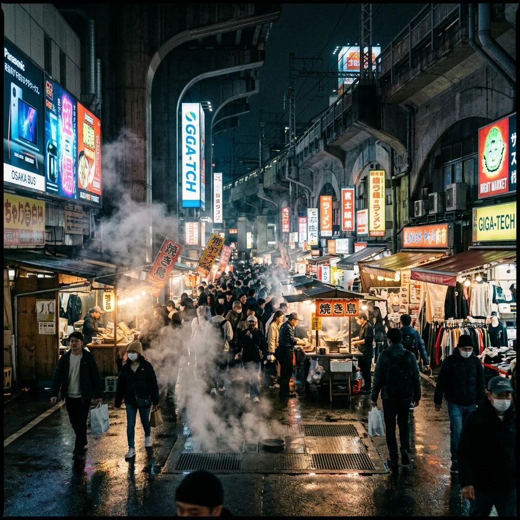 A crowded street bazaar beneath a towering multi-tiered transit hub