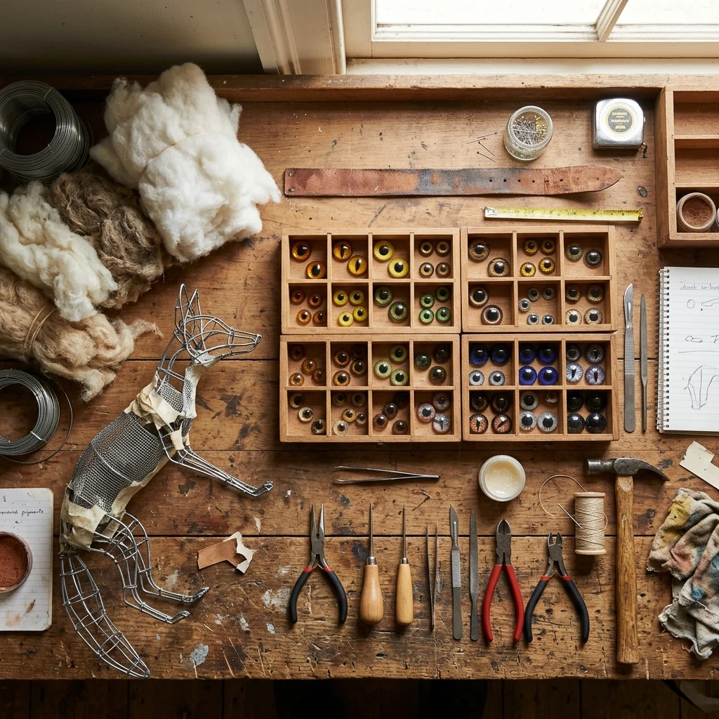 An overhead flat-lay photograph of a taxidermy workshop bench