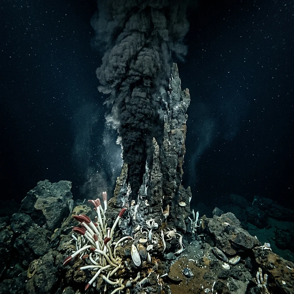 An underwater camera view of a massive hydrothermal 'black smoker' vent along the…