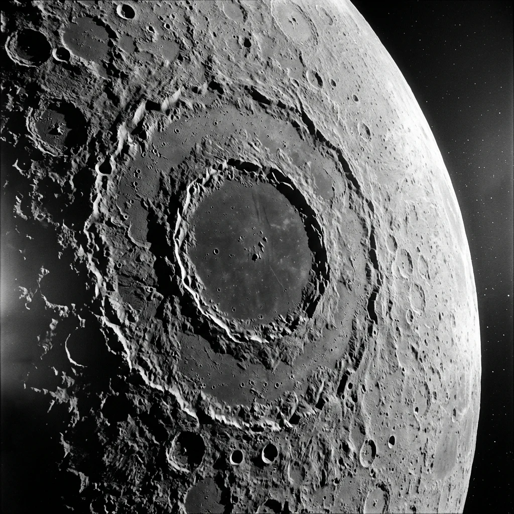 An orbital photograph of the multi-ringed collision basin Mare Orientale