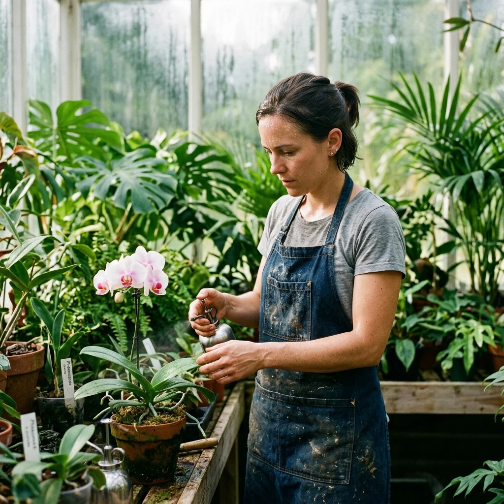 Botanist tending to orchids in a greenhouse