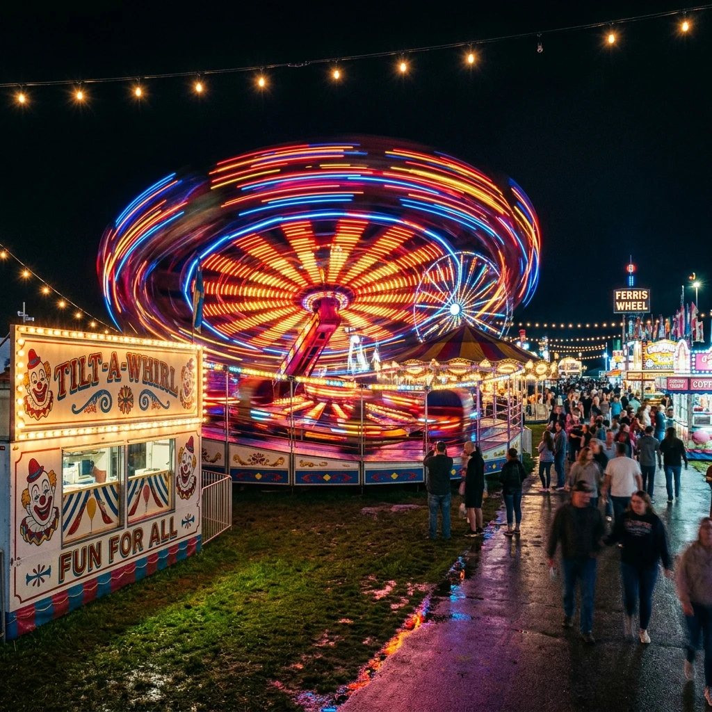 A carnival midway at night on long exposure