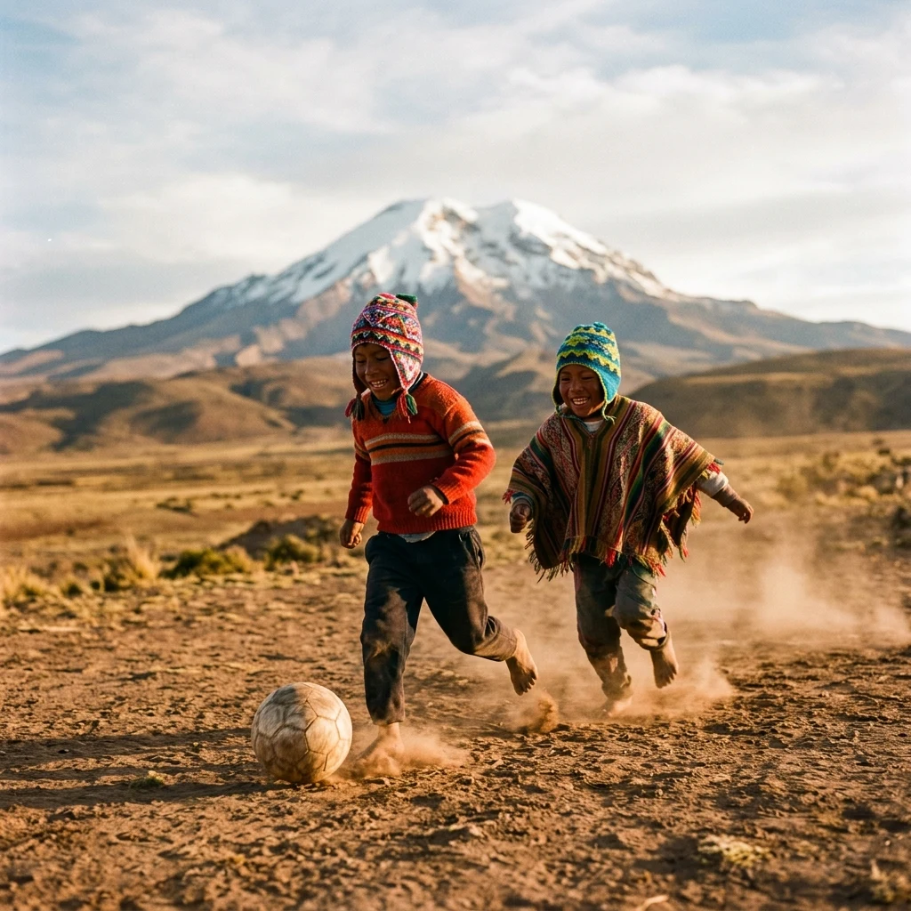Two indigenous Bolivian boys in hand-knit chullo hats kicking a worn soccer ball across a…
