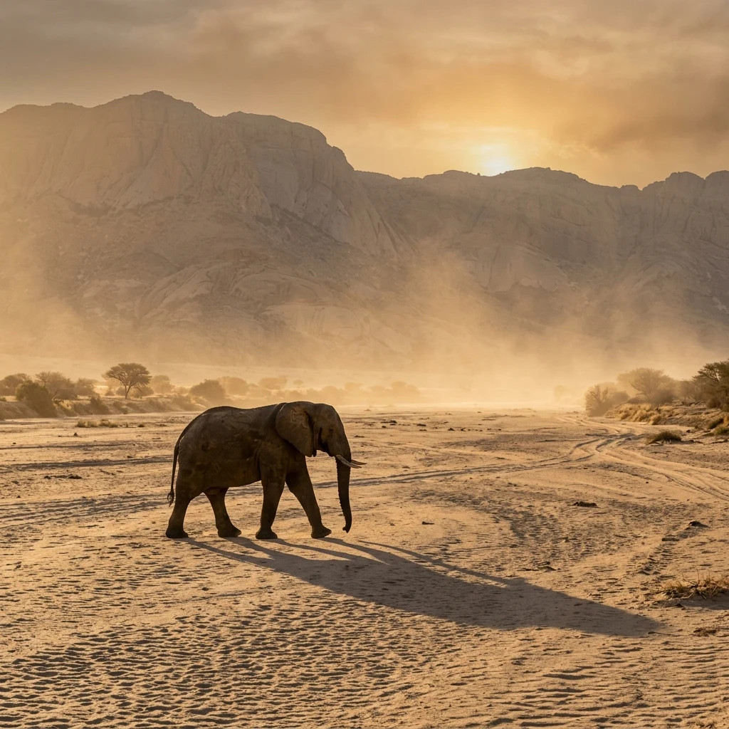 A desert-adapted elephant walking along a dry sandy riverbed at the base of the Brandberg…