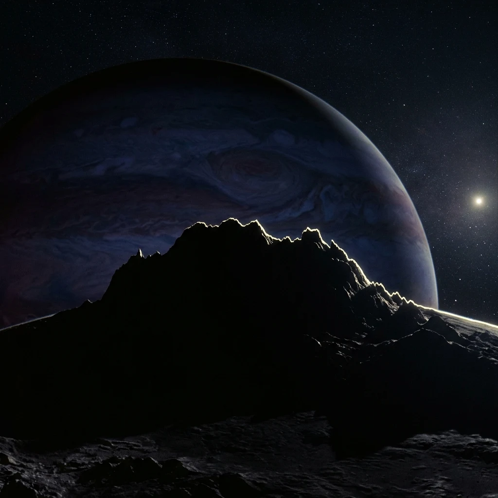 A high-contrast vista of Euboea Montes' razor-sharp ridge silhouetted against the dark…