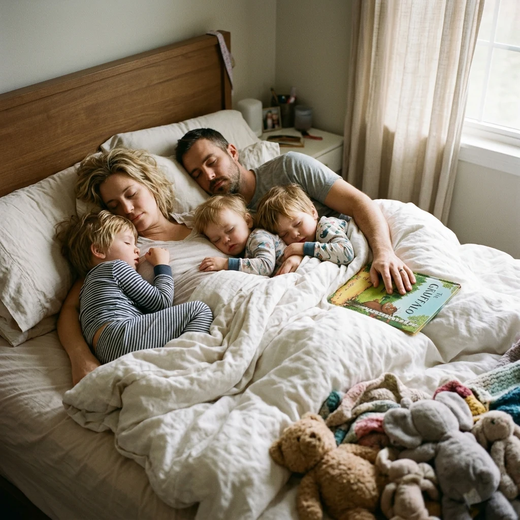 A young family with three small children snuggled together under a duvet in a large bed…