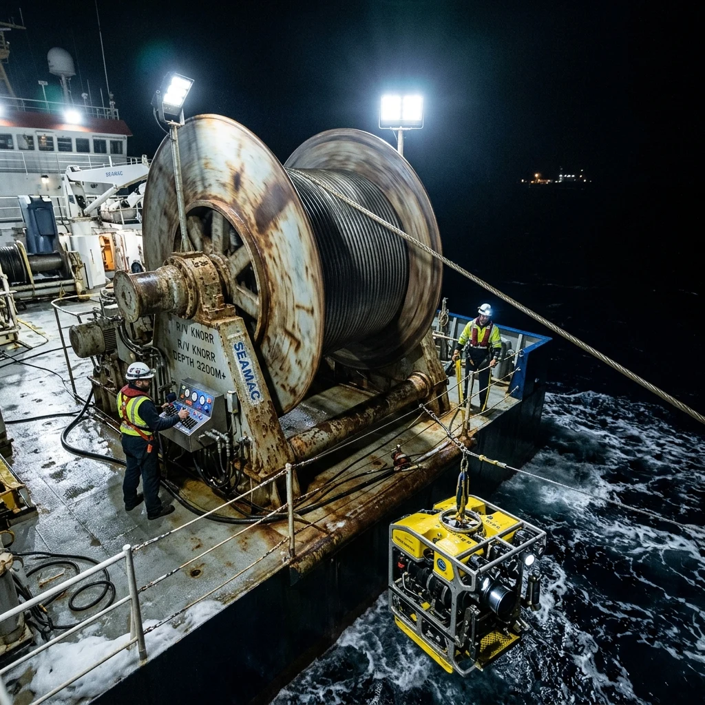 A oceanographic winch spooling out miles of steel cable to lower a deep-sea camera to the…