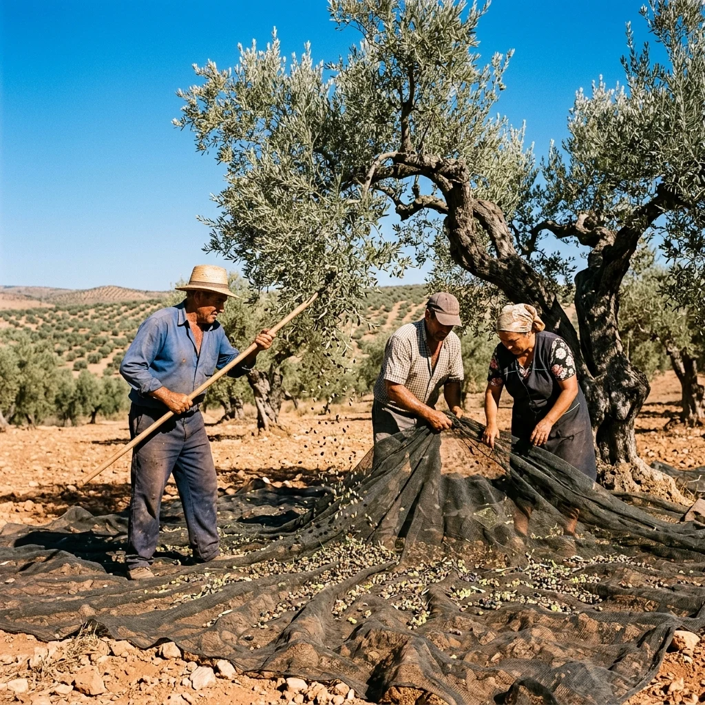 Workers harvesting olives in the sun