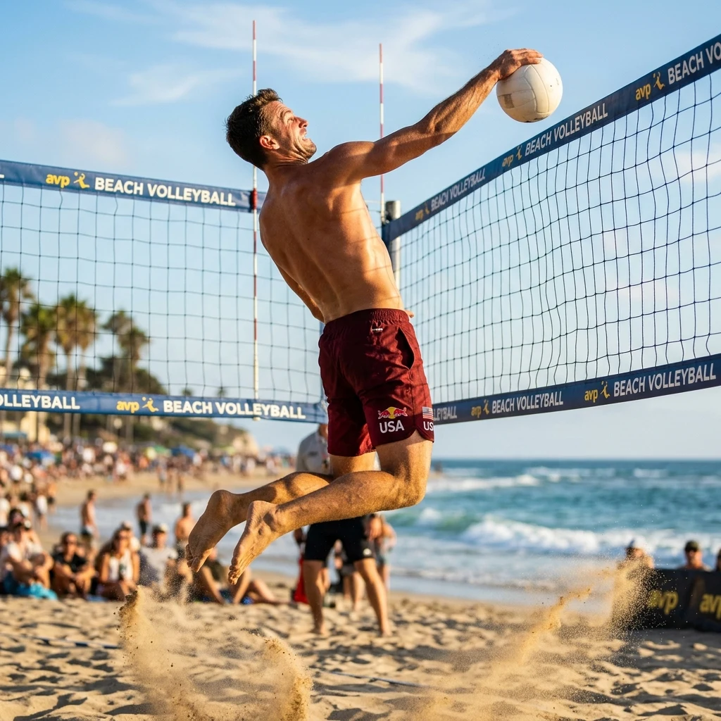 A male beach volleyball player in dark red board trunks leaping high above the net for a…