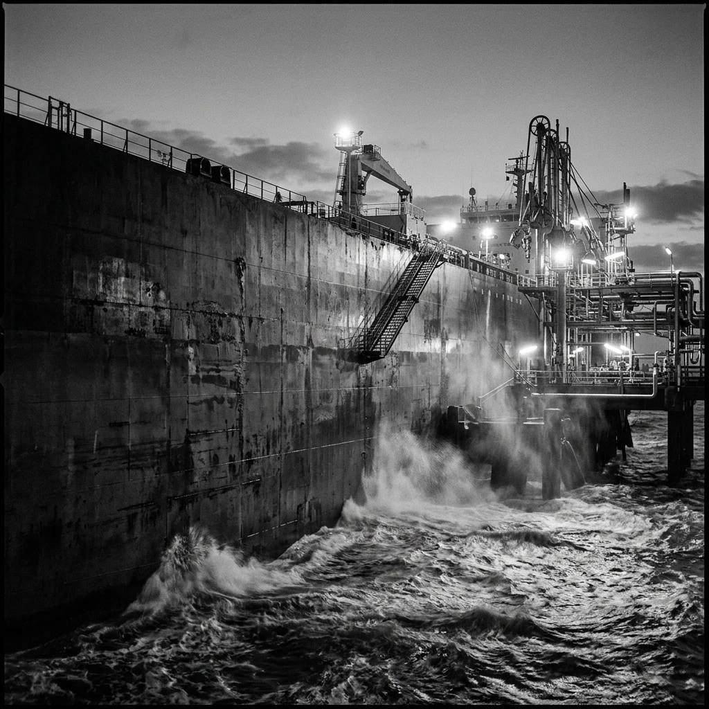 Large ship docked at an industrial terminal