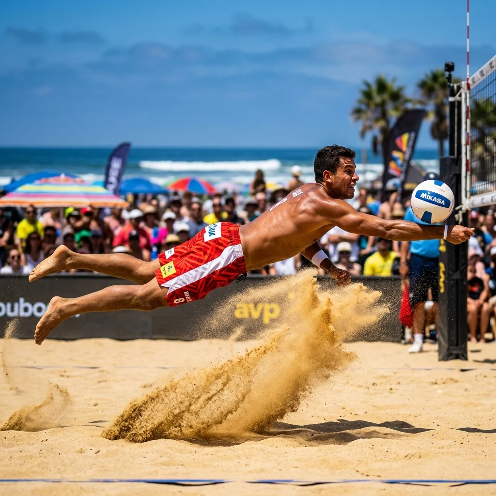 A male beach volleyball defender in red-and-white trunks diving sideways onto the court
