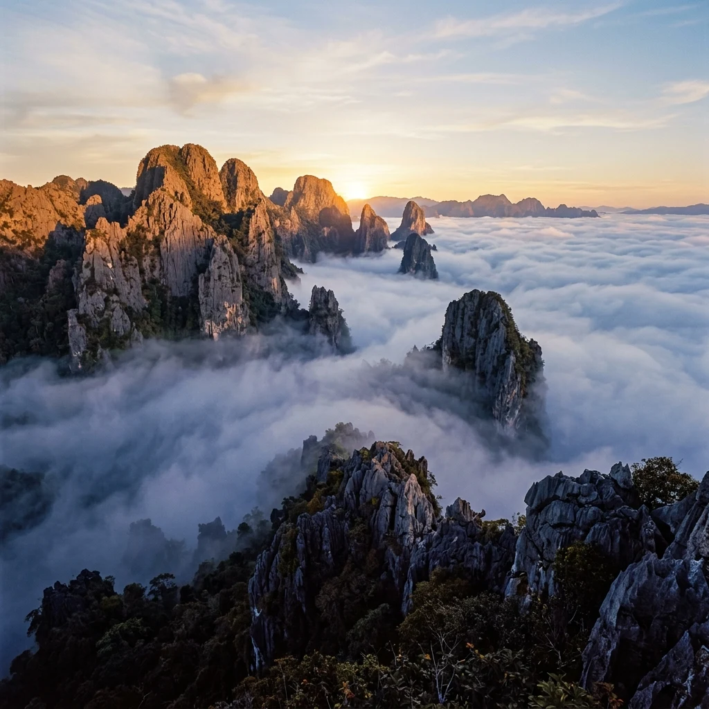 Limestone peaks rising above a misty valley
