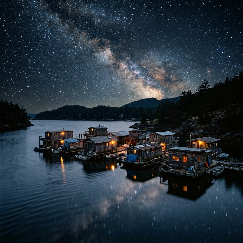 A long-exposure shot of a waterborne scavenger camp under a star-lit sky