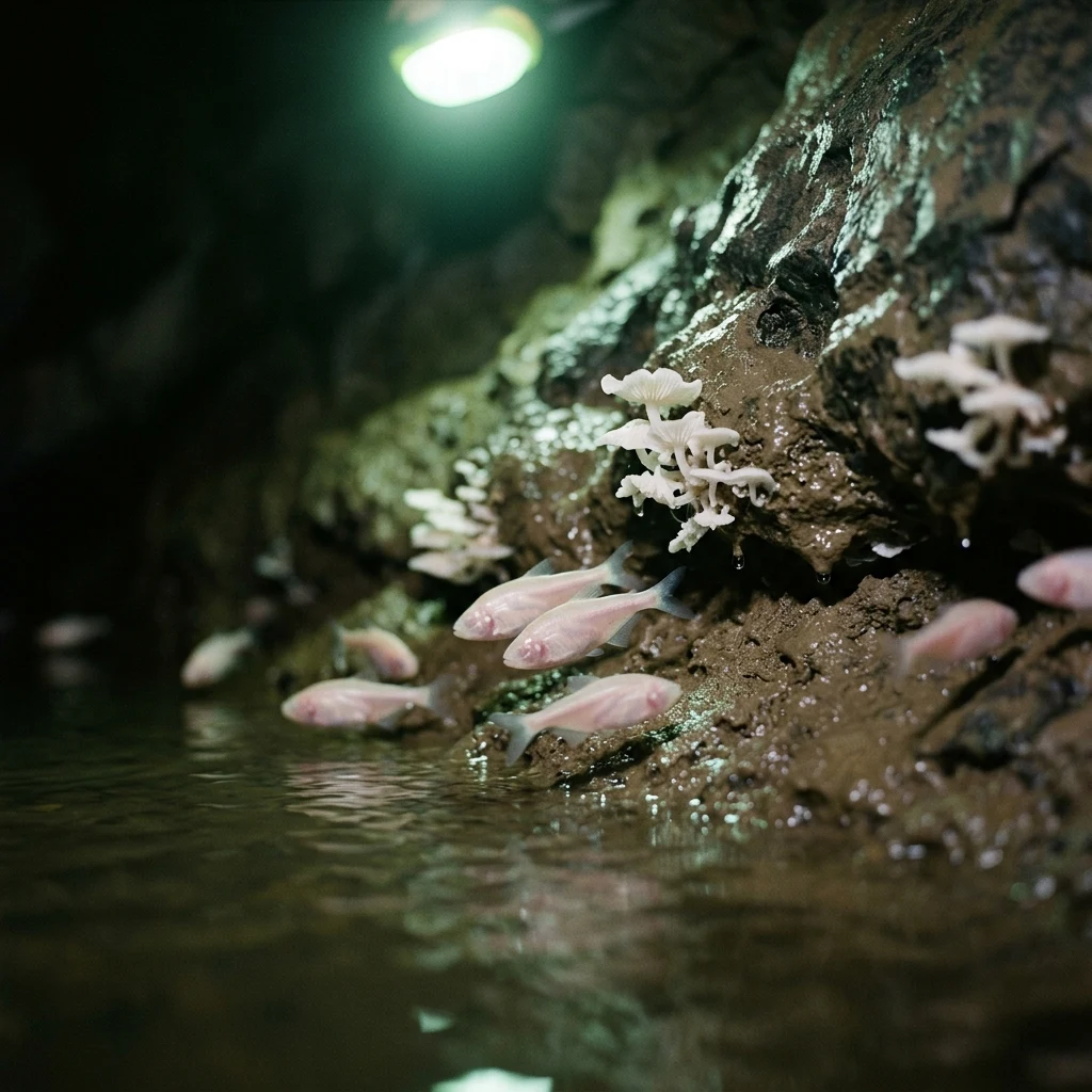 Cave fish in a dark underground river